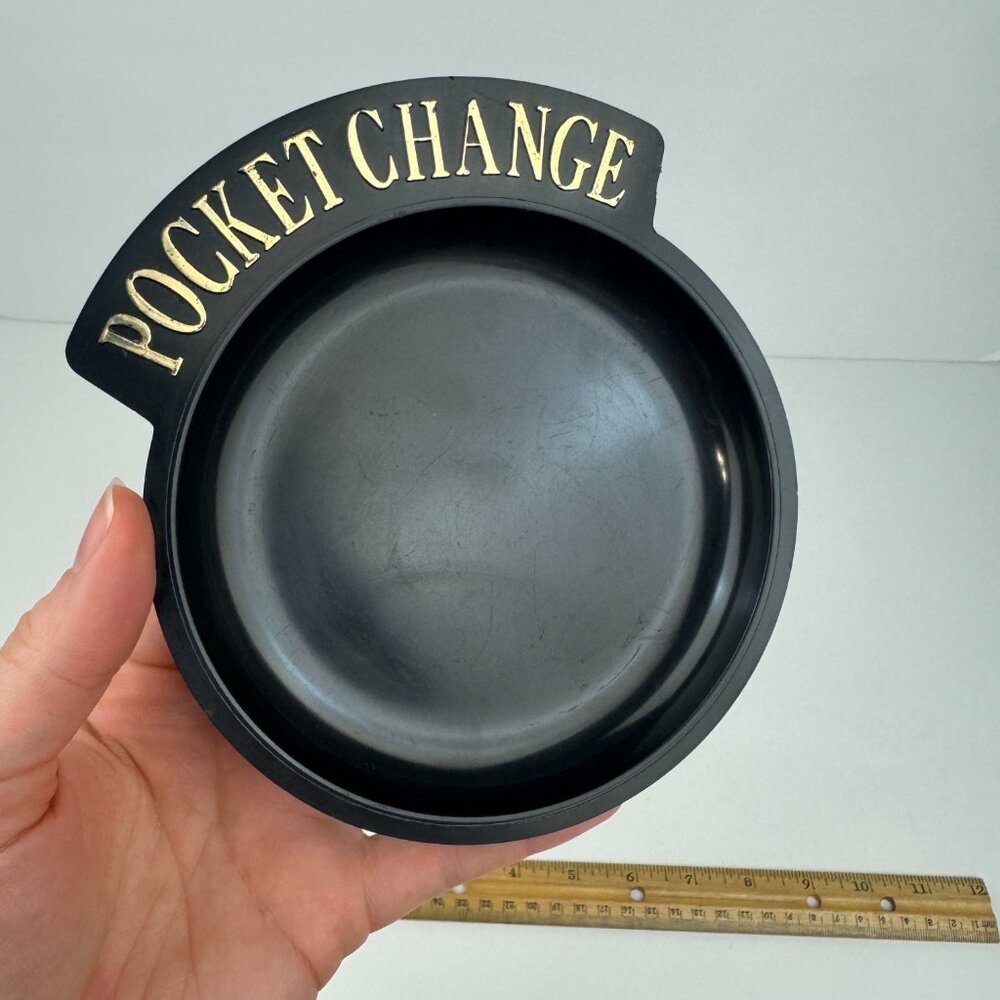 Vintage Black Plastic Round Pocket Change Collect Dish‎ Trinket Gold Accent READ
